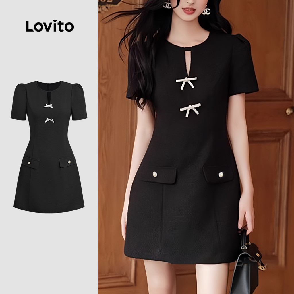 Lovito ชุดเดรสลำลองทรงคัตเอาท์มีกระเป๋าหลอกผูกโบว์ด้านหน้าสีดำสำหรับผู้หญิงฤดูใบไม้ผลิ/ฤดูร้อน L137ED527