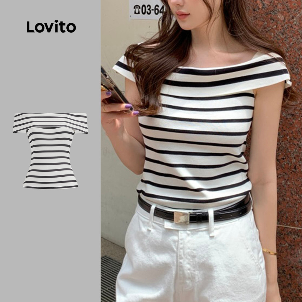 Lovito เสื้อหรูหราลายไหล่เย็น ที-ฤดูร้อน/ฤดูใบไม้ผลิเสื้อสําหรับผู้หญิง L124AD834
