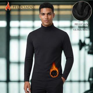 Camisa Manga Longa Gola Alta Masculina Peluciada Tecido Flanelado Ideal Para Dias Frios