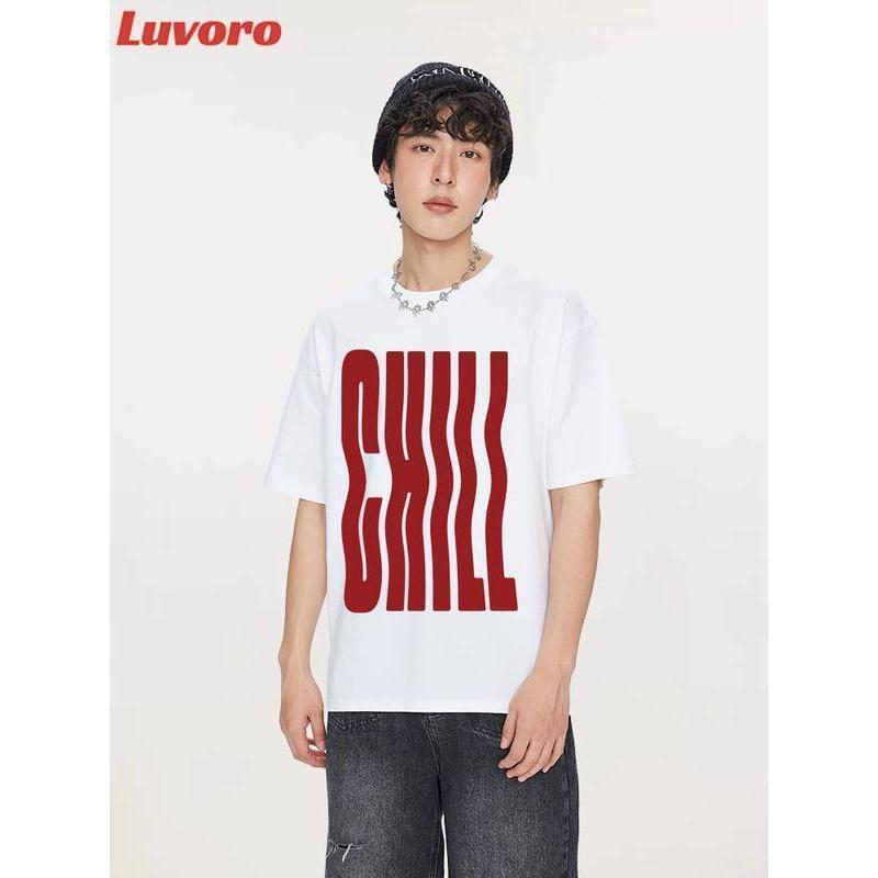 (ผ้าฝ้าย100%) Luvoro 2026 Cotton ย้อนยุค oversize T-shirt เนื้อผ้านุ่มระบายอากาศดี สีดำและสีขาว เสื้อยืดแขนสั้น C2639