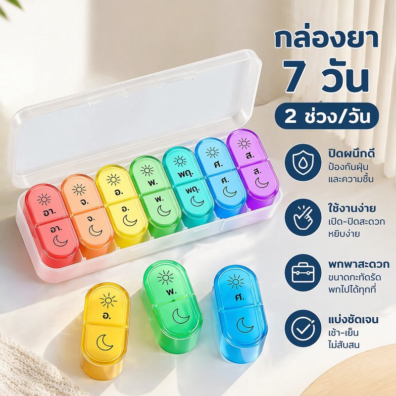 กล่องแบ่งยา รุ่นอัปเกรด 7 วัน 7 ช่อง แยกเช้าเย็น ปิดผนึกมิดชิด กันฝุ่น กันชื้น ใช้งานง่าย พกพาสะดวก มินิ เดินทาง
