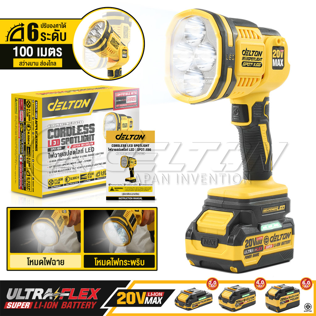 DELTON ไฟฉายไร้สาย สปอตไลท์ LED 20V 1,000LM รุ่น SPOT-X66 ใช้งานร่วมกับ แบตเตอรี่ DELTON UltraFlex และ TURBO FORCE