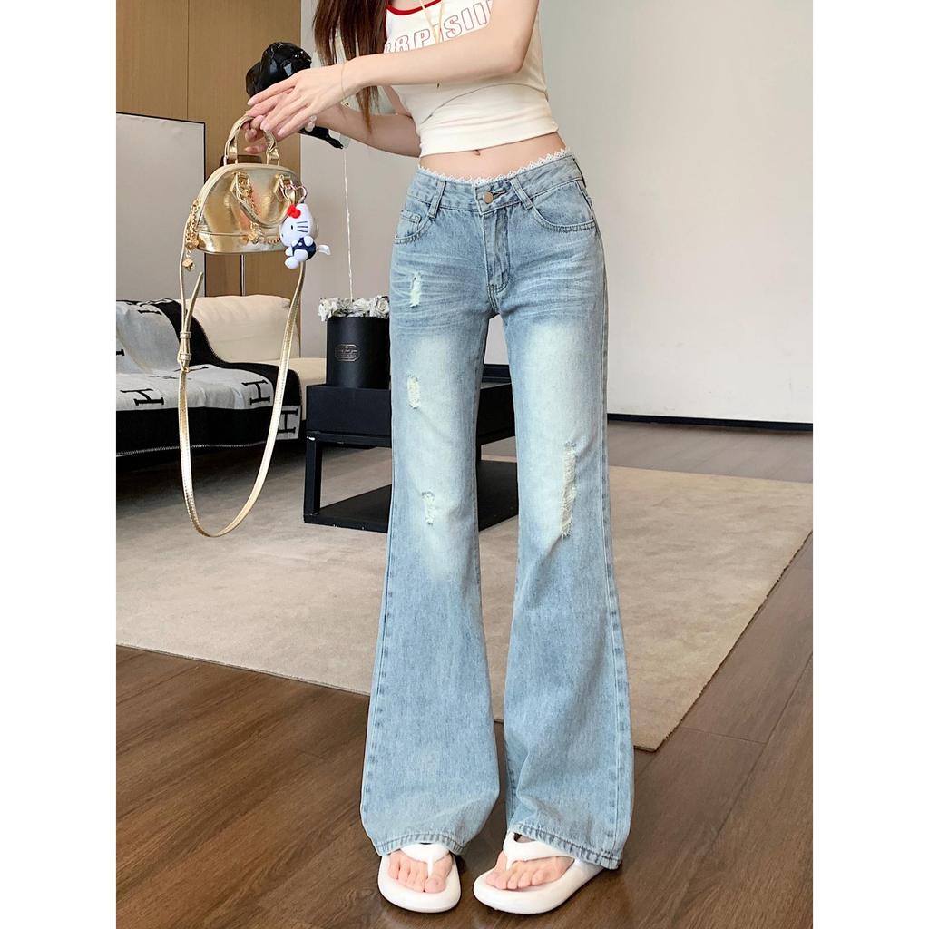UT shop【ใหม่】 กางเกงยีนส์เอวสูง ขาม้าเล็ก ดีเทลแต่งลูกไม้สุดหรู สไตล์ งานดีไซน์เก๋ไม่ซ้ำใคร ทรงเข้ารูปช่วยให้ขาดู