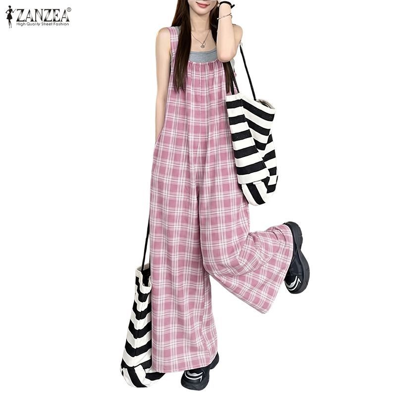 ZANZEA ผู้หญิงเกาหลี Streetwear Retro Casual Square Collar แขนกุดหลวมลายสก๊อตขากว้าง Overalls — صورة 6
