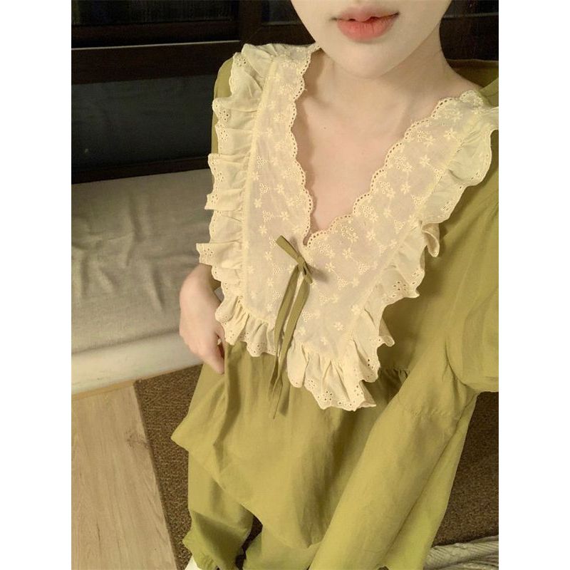 Ins风新款短袖长裤睡衣女小香风公主薄款蕾丝家居套装可外出6.4Fashionable Women's Pajamas*