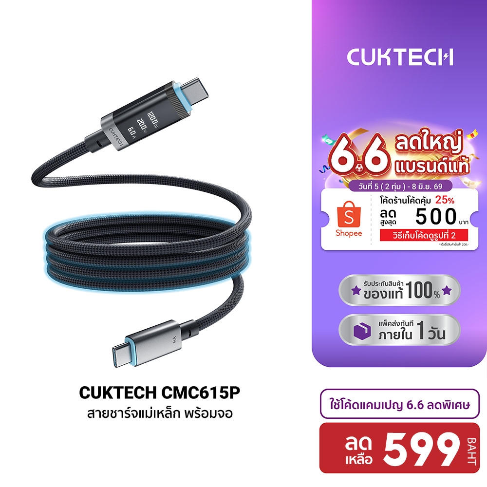 [ลดเหลือ 599] CUKTECH CMC615P 6A 240W สายชาร์จแม่เหล็ก มีจอ USB-C to USB-C รองรับชาร์จเร็ว PD3.1 มี E-Marker Chip -2Y