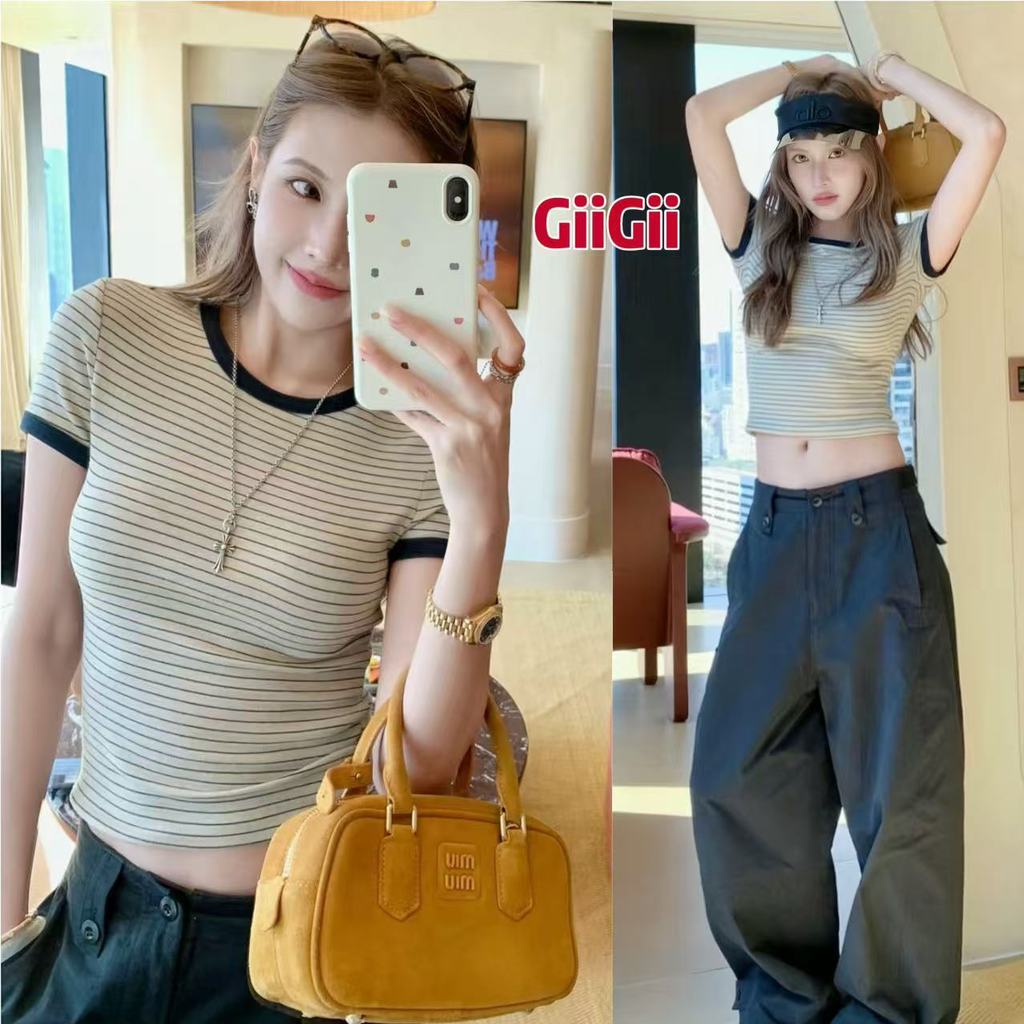 ส่งไวจากไทย เสื้อยืดผู้หญิง เสื้อยืดลายทาง คอกลม เรียบง่าย สีพิเศษ ลายทางสีสวย🌸GiiGii