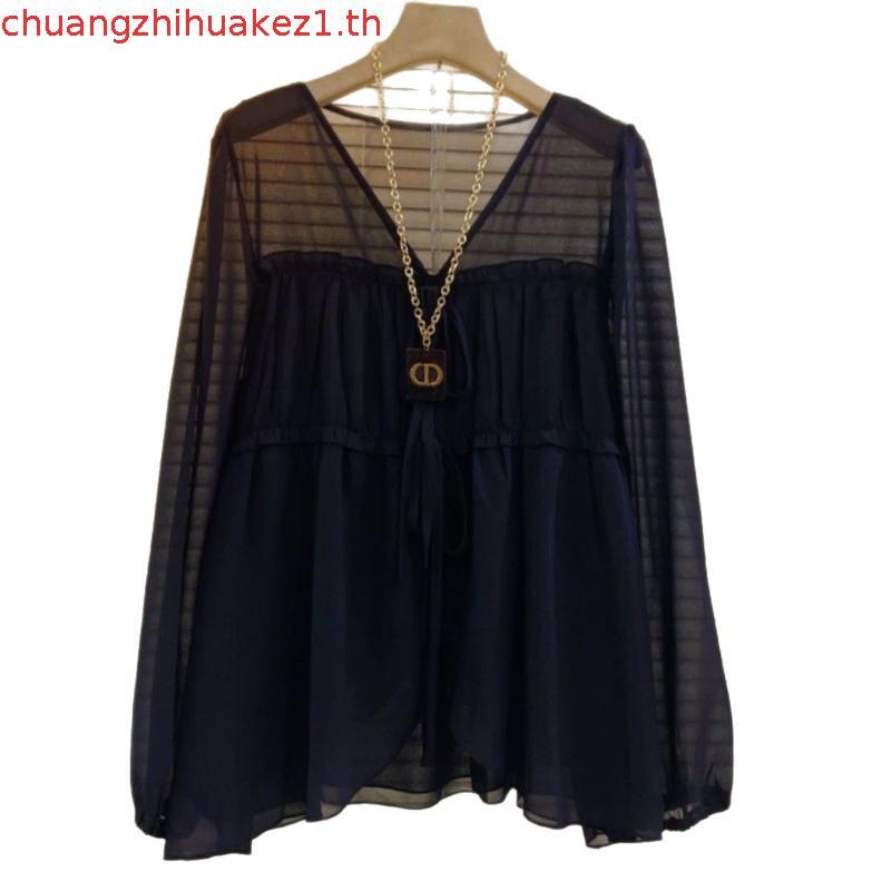 เสื้อเชิ๊ตแขนยาวสไตล์เกาหลี ทำจากชีฟองเนื้อนวล สำหรับผู้หญิงไซส์พอดีตัวถึงใหญ่