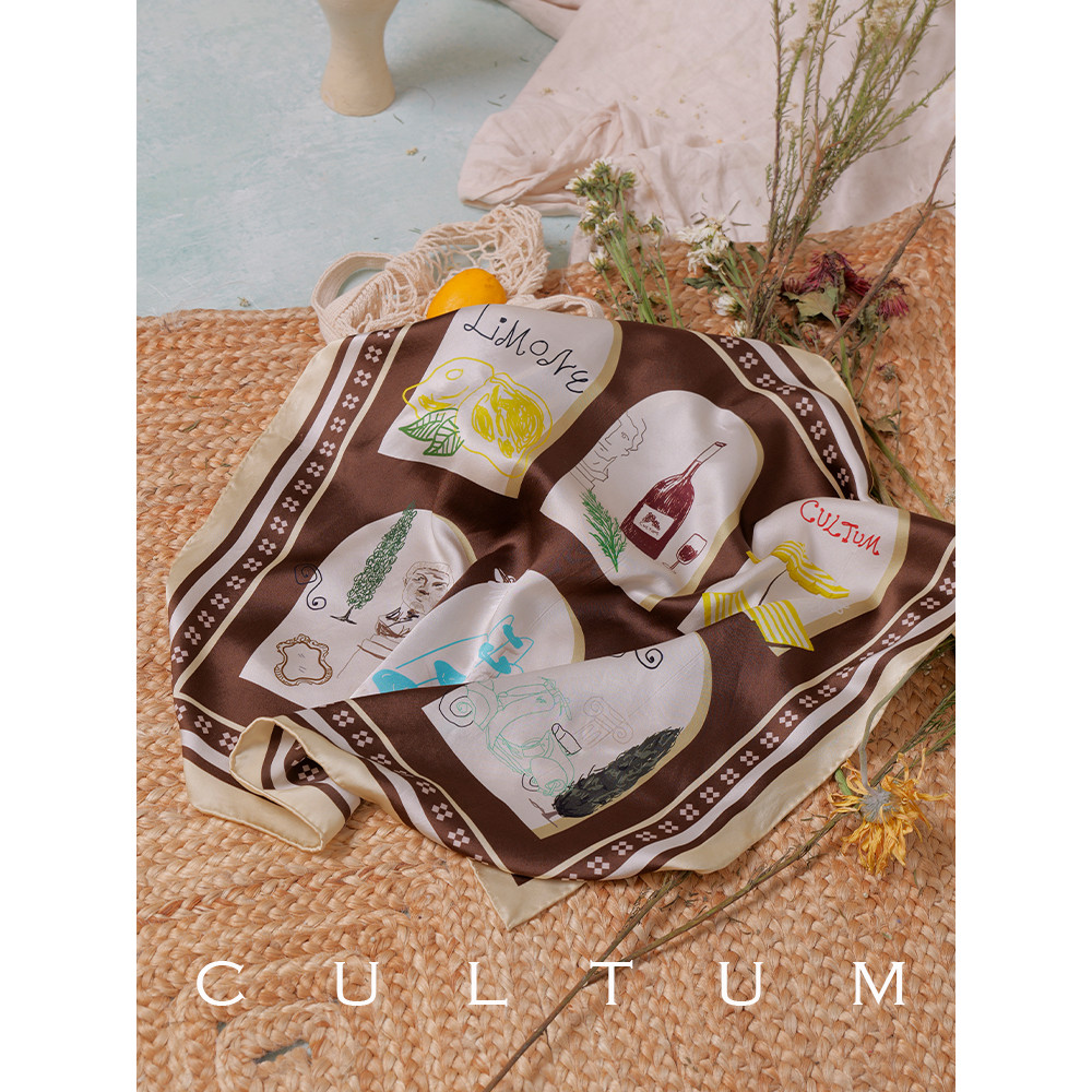 [ผ้าไหมหนัก 18Mmi] CULTUM ผ้าพันคอไหมหม่อนต้นฉบับมือวาดรูปแบบคอแฟชั่นผ้าพันคอสี่เหลี่ยมเล็ก