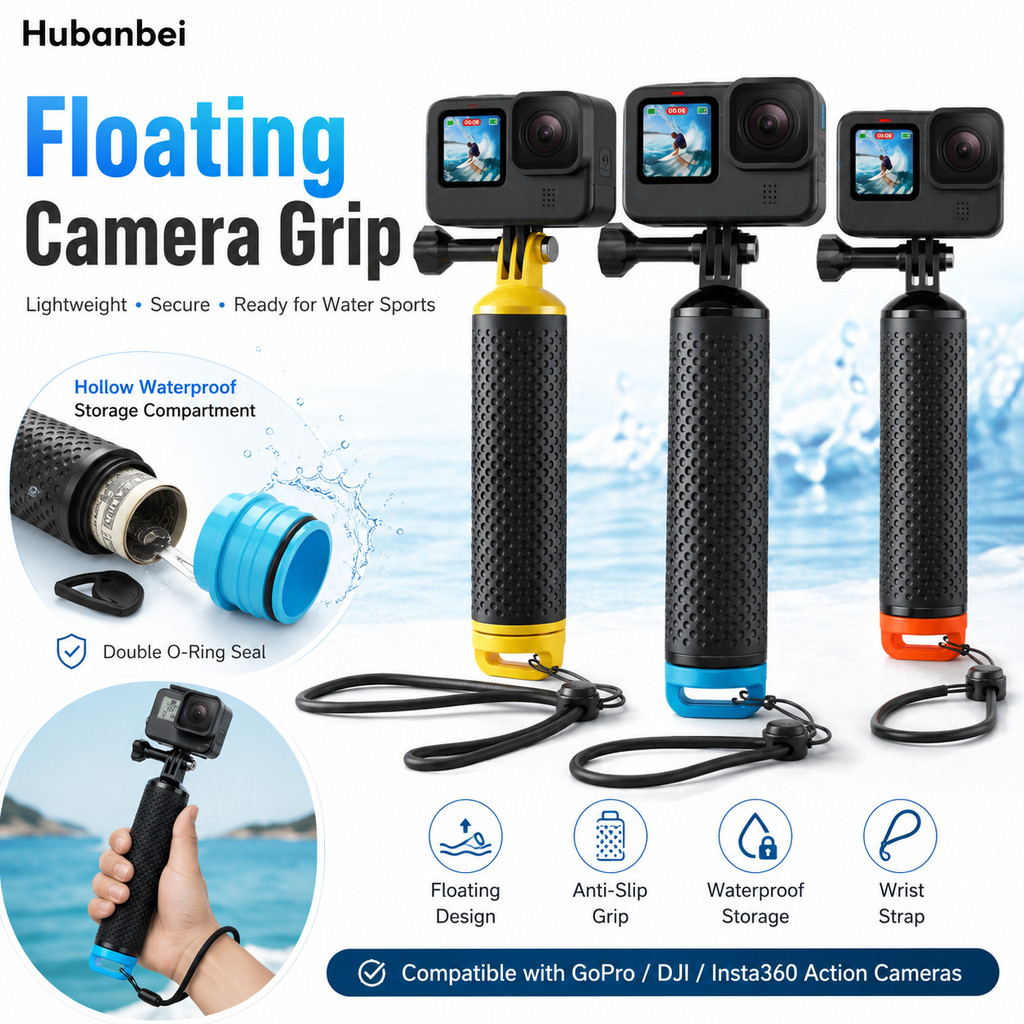 ด้ามจับลอยน้ำสำหรับ GoPro และกล้องแอคชัน – ไม้จับกันน้ำ พร้อมด้าม TPE กันลื่น สายคล้องข้อมือ และช่องเก็บของ รองรับ GoPro Hero 13–4, GoPro Max