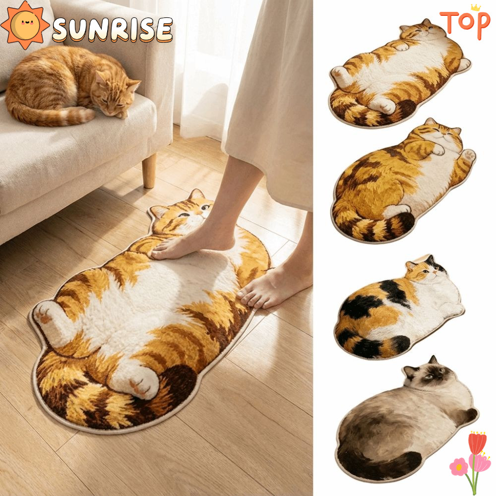SUNRISE พรมปูพื้นรูปแมว, น่ารัก Outline 2D พิมพ์คริสตัลกํามะหยี่มุม Cozy พื้นผิวนุ่ม Cool Floor Barrier พรมข้างเตียงชั้นข้างเตียง