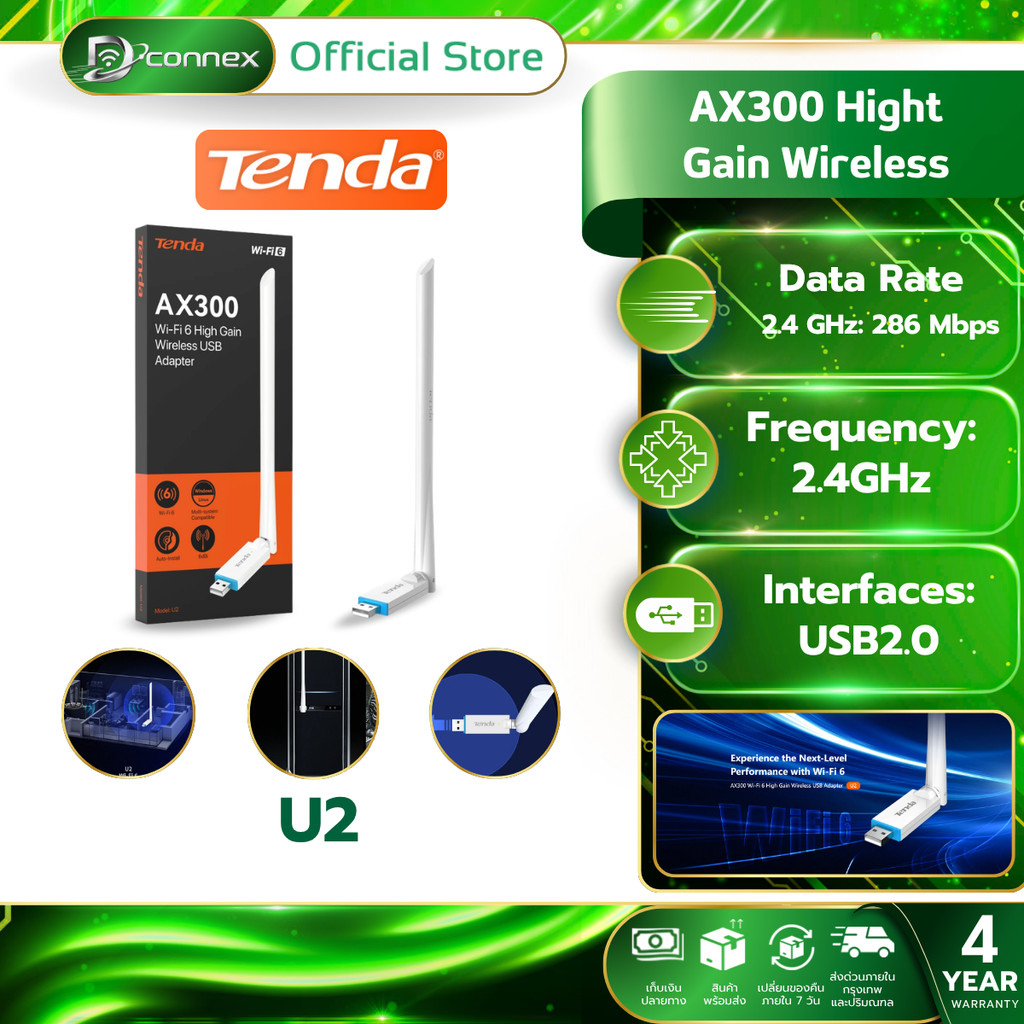 Tenda U2 ตัวรับสัญญาณ WiFi6 AX300 High Gain Wireless USB Adapter รับประกัน 4 ปี