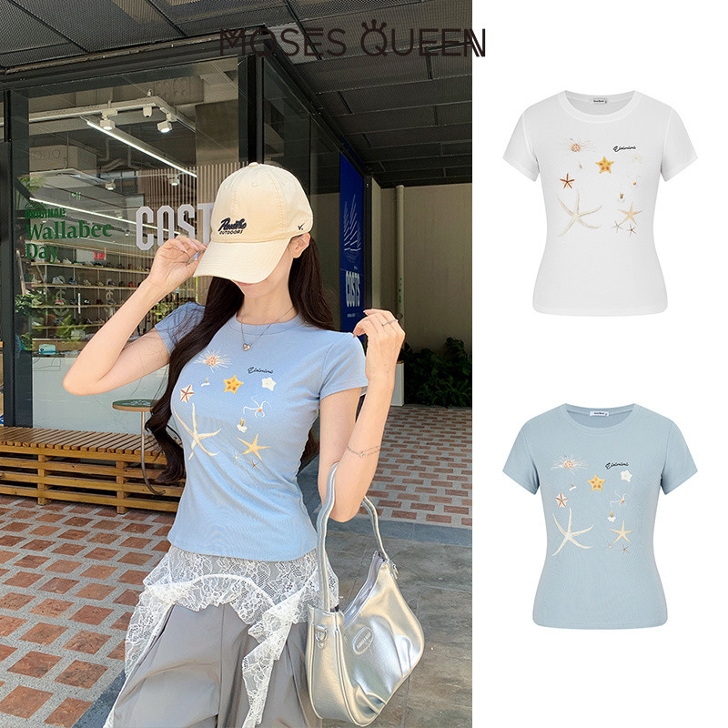 < MOSESQUEEN > เสื้อผ้าสกรีนสตาร์ชาย แขนสั้น คอตุ่มกลม เหมาะสำหรับทุกโอกาส ใส่ได้หลากหลาย แบบขาว #63684