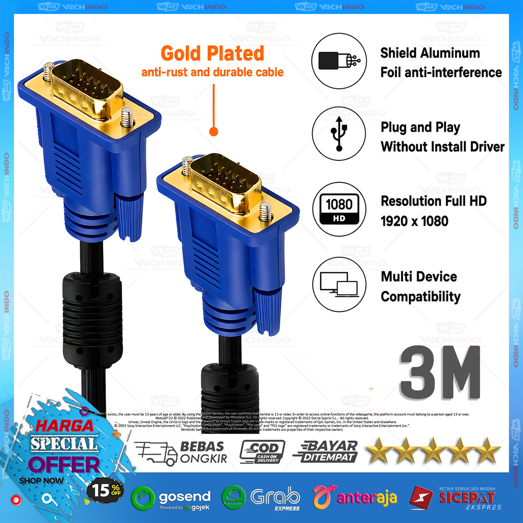 สาย VGA Male to Male 3M / 3 เมตร / 300CM คุณภาพสูง - GOLD PLATED PREMIUM !!