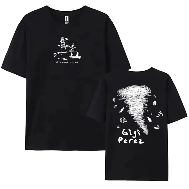 เสื้อยืดสีดำ Gigi Perez Twister ลาย LP At The Beach, in Every Life เสื้อยืดกราฟิกสำหรับทุกเพศ สไตล์ส