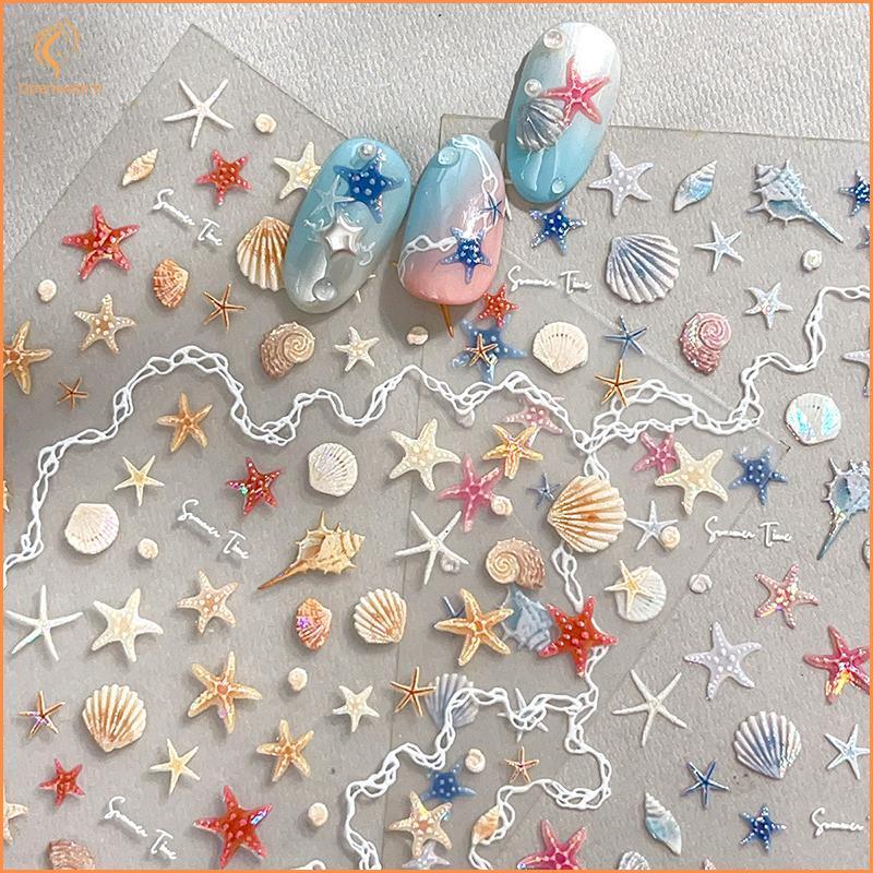[KAN] 1 แผ่น 5D ฤดูร้อนเล็บเปลือกหอย Stier เงานูนปลาดาวเล็บ Stiers ฤดูร้อน Beach Sea Conch เล็บ Decals ตกแต่ง FXH