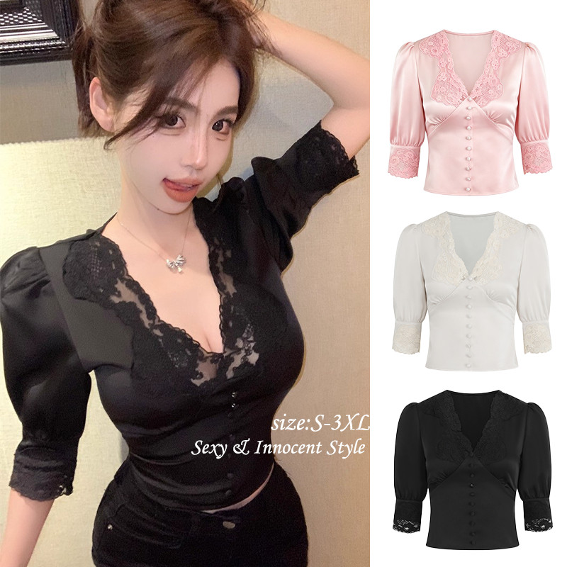 99270 เสื้อเชิ้ตผ้าซาตินเข้ารูปสไตล์เกาหลี ดีไซน์ทันสมัย คอวีตกแต่งขอบลูกไม้ เผยลุคสง่างาม แขนยาวปานกลาง