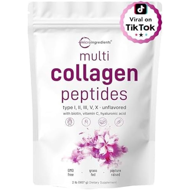 Micro Ingrated Multi Collagen Peptides Powder, 2lb – Hydrolyzed Type I,II,III,V,X with Biotin, Hyalu