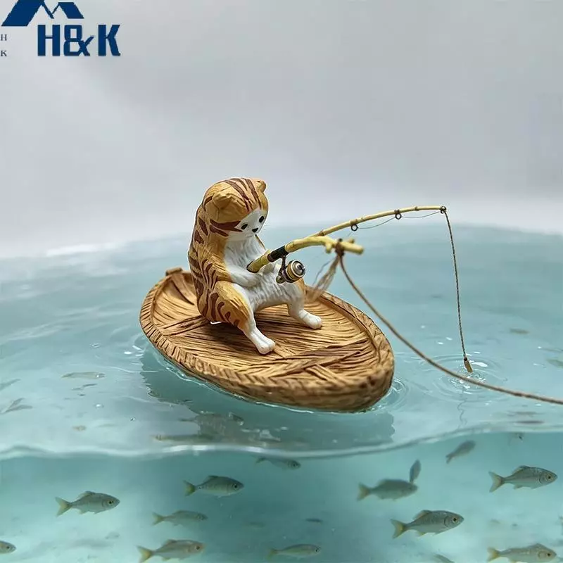 [H&K] Characterful Aquarium Setup พร้อมตกแต่ง 1 ชิ้นเรซิ่นแมวตกปลาเรือเครื่องประดับสําหรับถังปลา {th}
