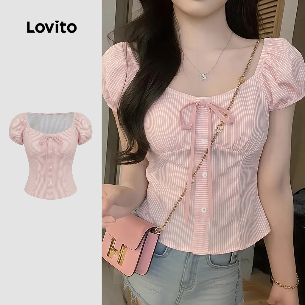 Lovito เสื้อเชิ้ตลำลองสีชมพูสำหรับผู้หญิง เหมาะสำหรับฤดูใบไม้ผลิ/ฤดูร้อน ติดกระดุมและผูกโบว์ LK4ED056