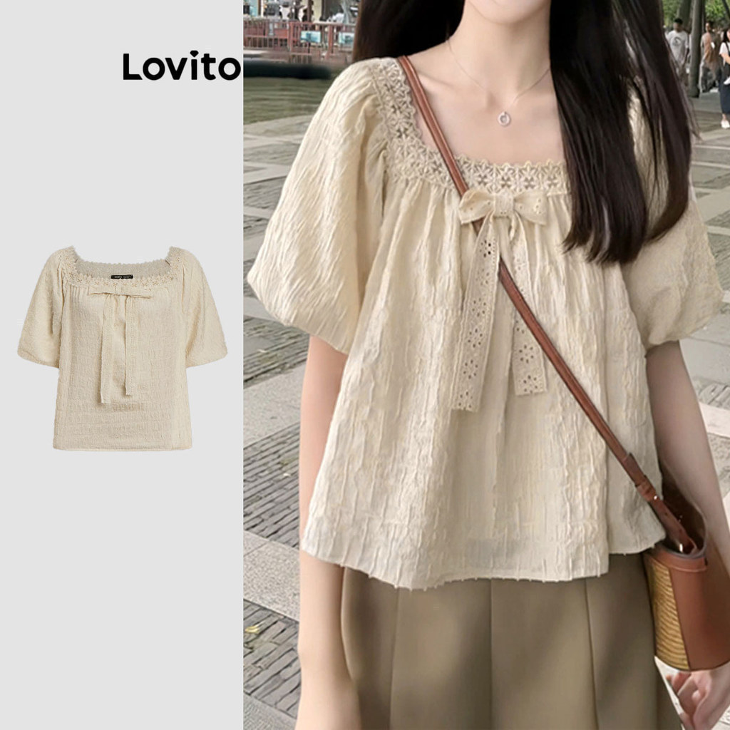 Lovito เสื้อลําลองธรรมดาคมชัดตาข่ายลูกไม้เสื้อคอสี่เหลี่ยมสําหรับผู้หญิง LNE19122 (แอปริคอท)