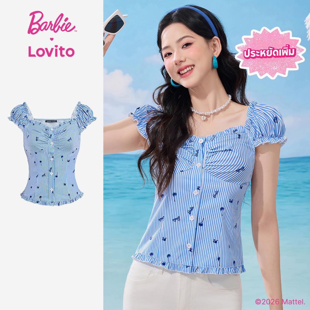[Summer Sale] Barbie™ X Lovito เสื้อเชิ้ตลําลองสําหรับผู้หญิง มีกระดุม สไตล์ฤดูใบไม้ผลิ/ฤดูร้อน LB1AD026