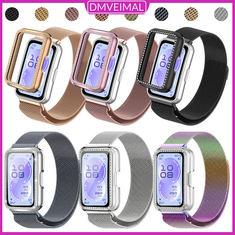 สายรัดโลหะลูป Milanese + กรณีพีซีเพชร for Huawei Band 11/11 Pro สายพานสร้อยข้อมือปกป้องกันหน้าจอ