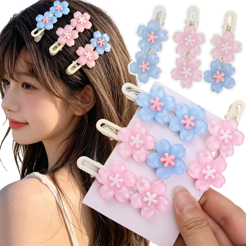 Ins Jelly Colored Sakura Hair Clip - Girl Sweet Flowers Side Clip - สไตล์เกาหลี สีชมพู & สีฟ้า