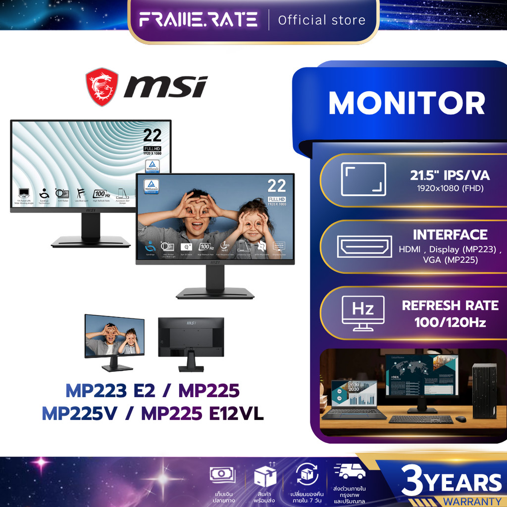 MSI MONITOR (จอมอนิเตอร์) PRO MP223 E2 / MP225 / MP225V / MP225 E12VL  22'' รับประกัน 3 ปี