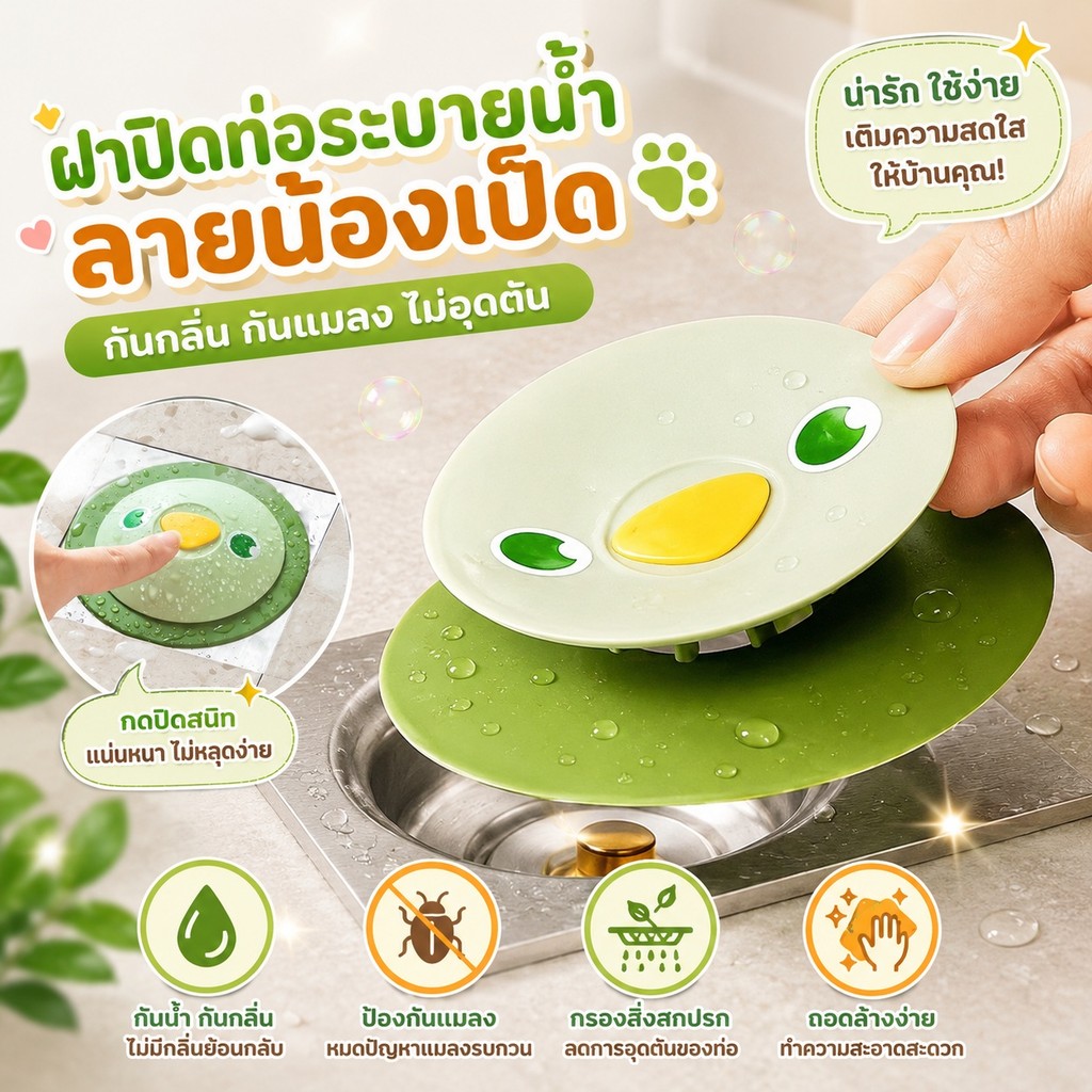 🐸💧ฝาปิดท่อน้ำน่ารัก 3in1 ป้องกันกลิ่น - แมลง - รั่วซึม ใช้ได้ทุกท่อน้ำ ห้องน้ำ - ครัวสุดปัง！S00157