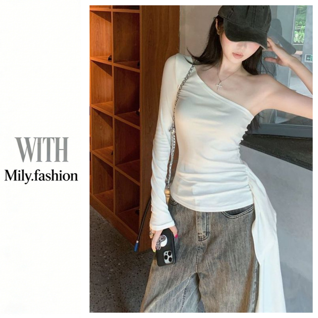 Milyfashion Stretch Diagonal Collar Strapless สีขาวแขนยาวเสื้อยืด Slim-Fit Slimmer ดูไม่สม่ําเสมอสาวร้อน Niche chic Ri