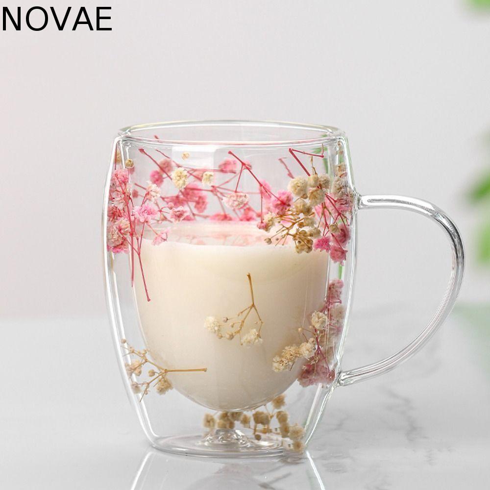 ถ้วยน้ํา NOVAE, 250/350/450ML แก้วกาแฟโรแมนติก, Drinkware ทนความร้อนดอกไม้สองชั้นภายในถ้วยเอสเปรสโซคาปูชิโน่