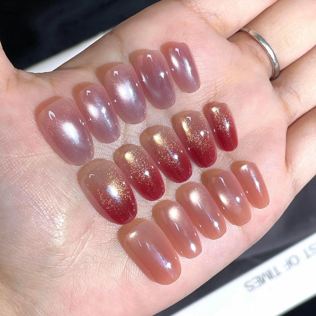 A469  10 ชิ้นต่อชุด เล็บปลอมสำเร็จรูปงานมือ รุ่นใหม่ ลายลูกแก้วแคทอาย ไล่สีละมุน เรียบหรูดูแพงสไตล์คุณหนู