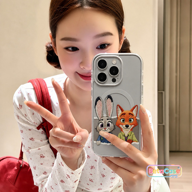 เคสแม่เหล็กปักลายคู่จิ้งจอกและกระต่ายสุดน่ารัก เคสไอโฟน iPhone 17 16 15 14 13 12 11 Pro Max เคส ฝาหลัง ไร้สาย