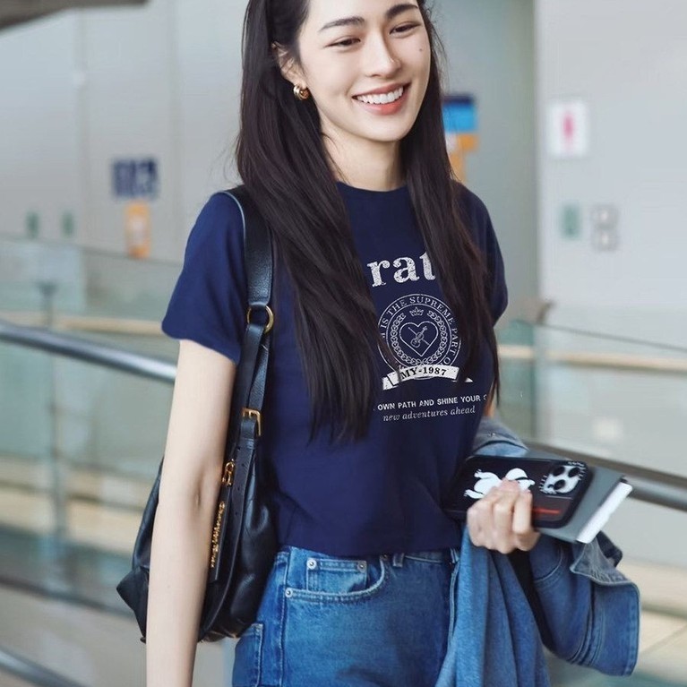 Orm Lingling เวอร์ชั่นเกาหลี Retro Letter พิมพ์เสื้อยืดแขนสั้นผู้หญิงหลวม Slimmer ดูการออกแบบด้านบน#