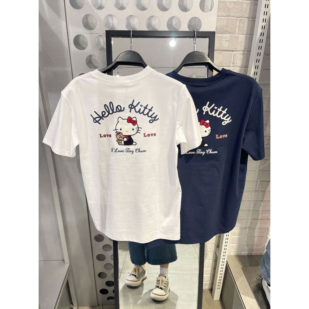 ผ้าฝ้ายแท้ Hellokitty พิมพ์แขนสั้น Casual All-Match ผู้ชายผู้หญิงเสื้อยืดฤดูร้อน