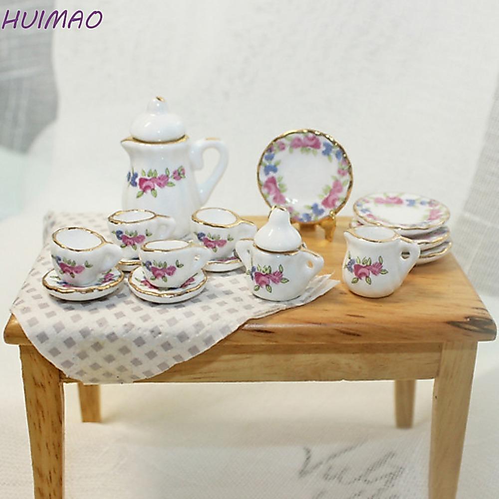 HUIMAO Dollhouse Miniature ชุดชา, กาต้มน้ําเซรามิคบ้านตุ๊กตาถ้วยชุด, Kawaii Tableware ถาดดอกไม้ Miniature Porcelain ชุดถ้วยชาตกแต่งห้องครัว