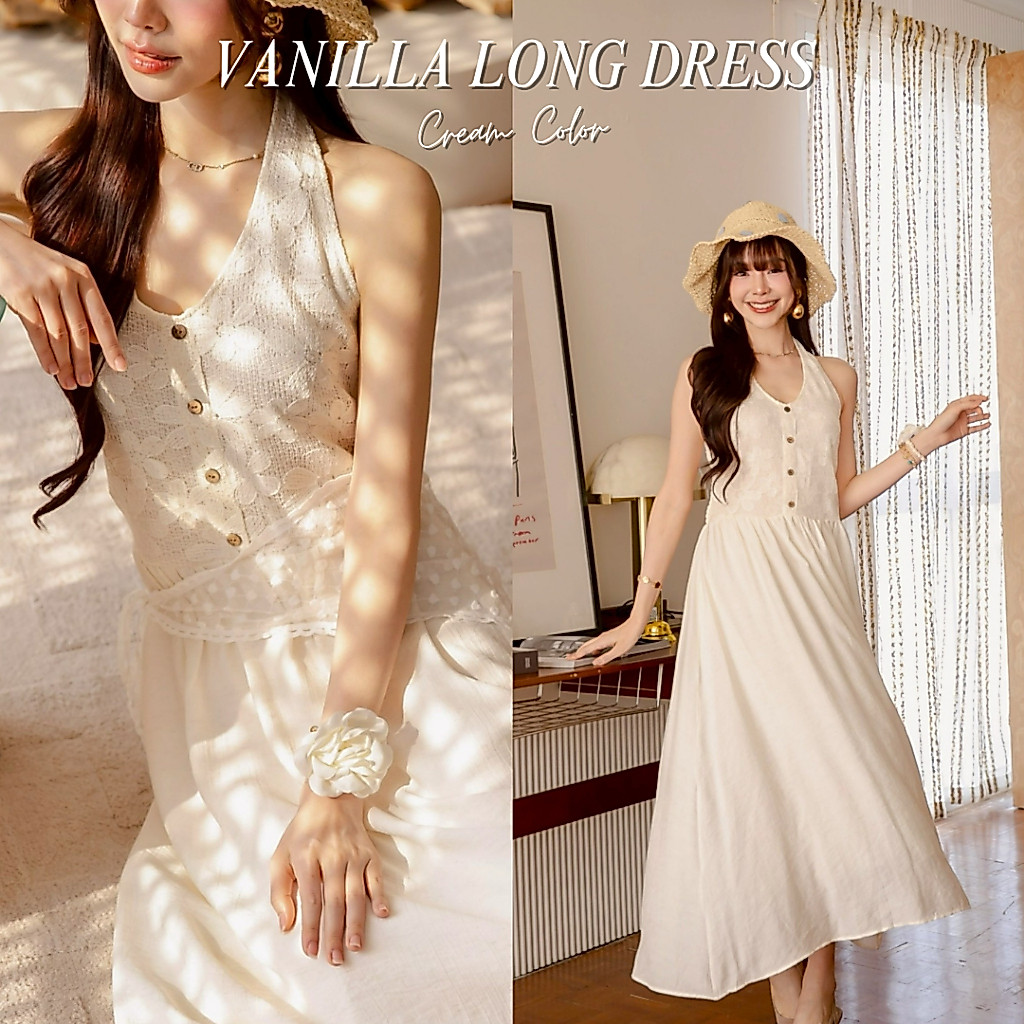 DR0610 LABELLE รุ่น Vanilla Long Dress เดรสยาวคล้องคอ น่ารัก