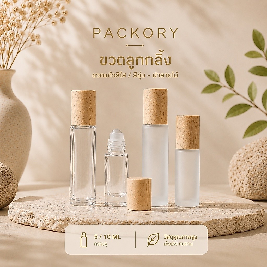 🧴PACKORY🧴 ขวดลูกกลิ้งแก้วฝาไม้เทียม 5 10 ML หัวลูกกลิ้งลื่น สำหรับบรรจุสกินแคร์ GS501
