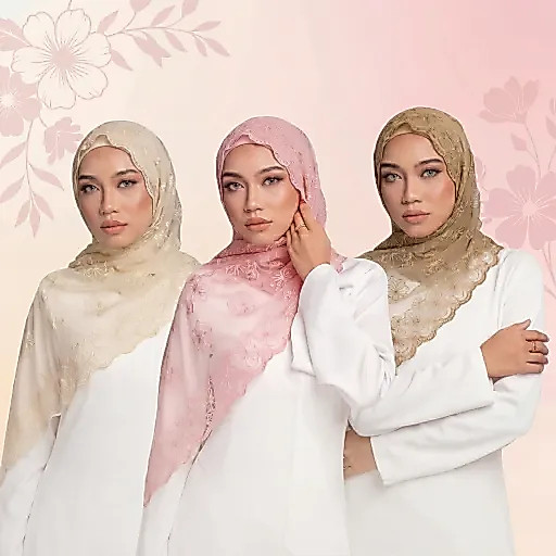 LOVOSME Organza ดอกไม้ Scalloped ผ้าคลุมไหล่หรูหราลูกไม้เย็บปักถักร้อยผ้าพันคอผู้หญิง Viral Tudung Sulam Bawal Flowy นุ่ม