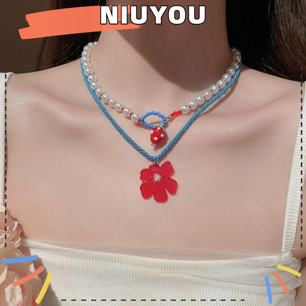 NIUYOU สร้อยคอเชือกถัก 2pca, สร้อยคอดอกไม้จี้สตรอเบอร์รี่ชั้น, โซ่ลูกปัดจําลองอะคริลิคหวาน Y2K เครื่