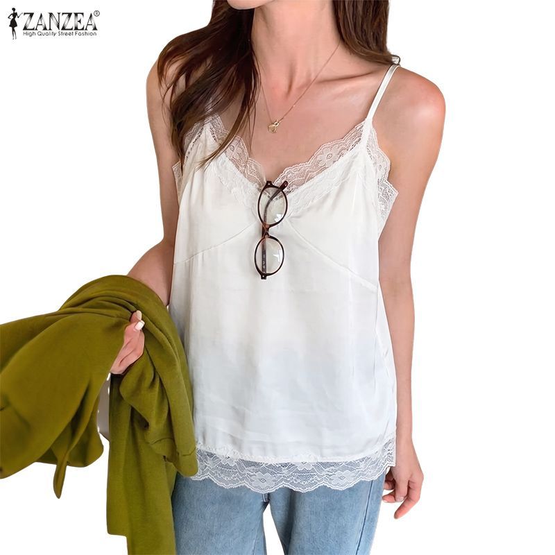 ZANZEA ผู้หญิงเกาหลีเซ็กซี่ Casual Delicate Gentle V คอลูกไม้ Splicing H-Type สปาเก็ตตี้ถัง