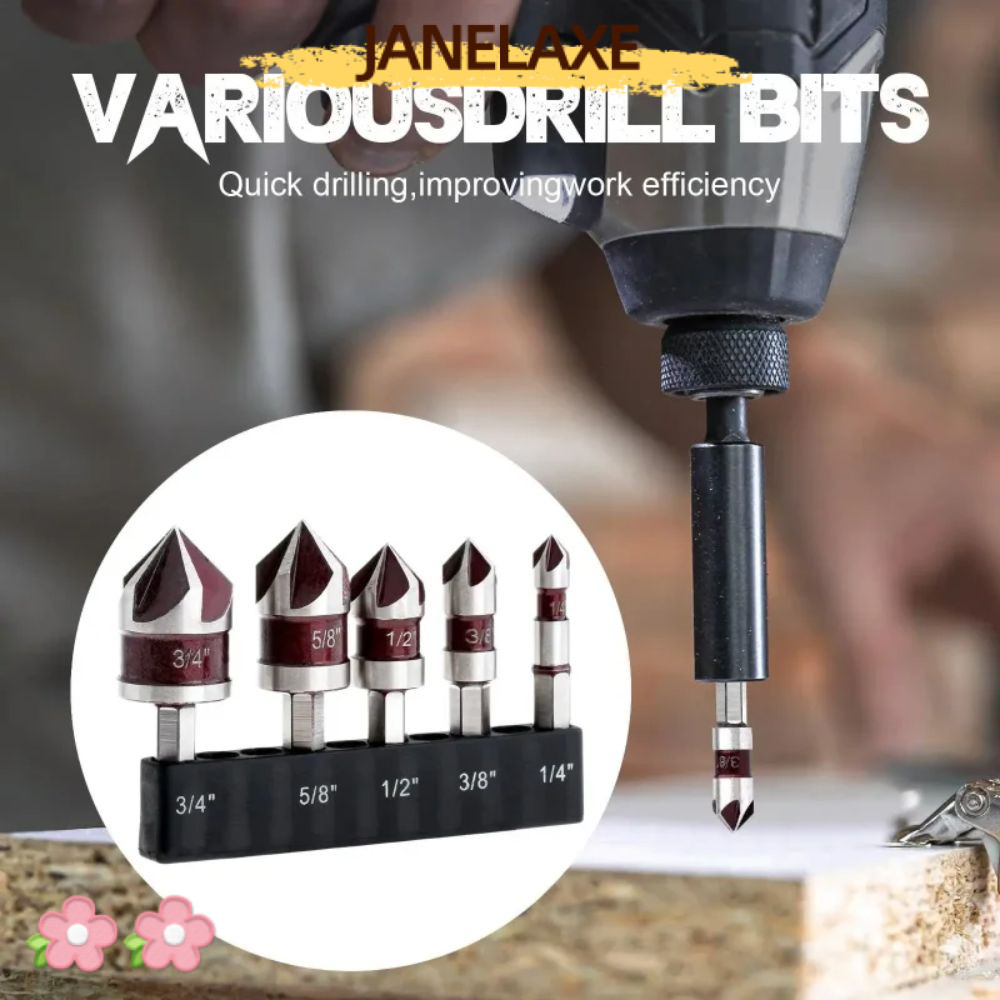 JANELAXE932JN 5PCS ดอกสว่าน Countersunk, 1/4 3/8 1/2 5/8 3/4 นิ้ว Multi-Size Countersink เจาะชุด Bit