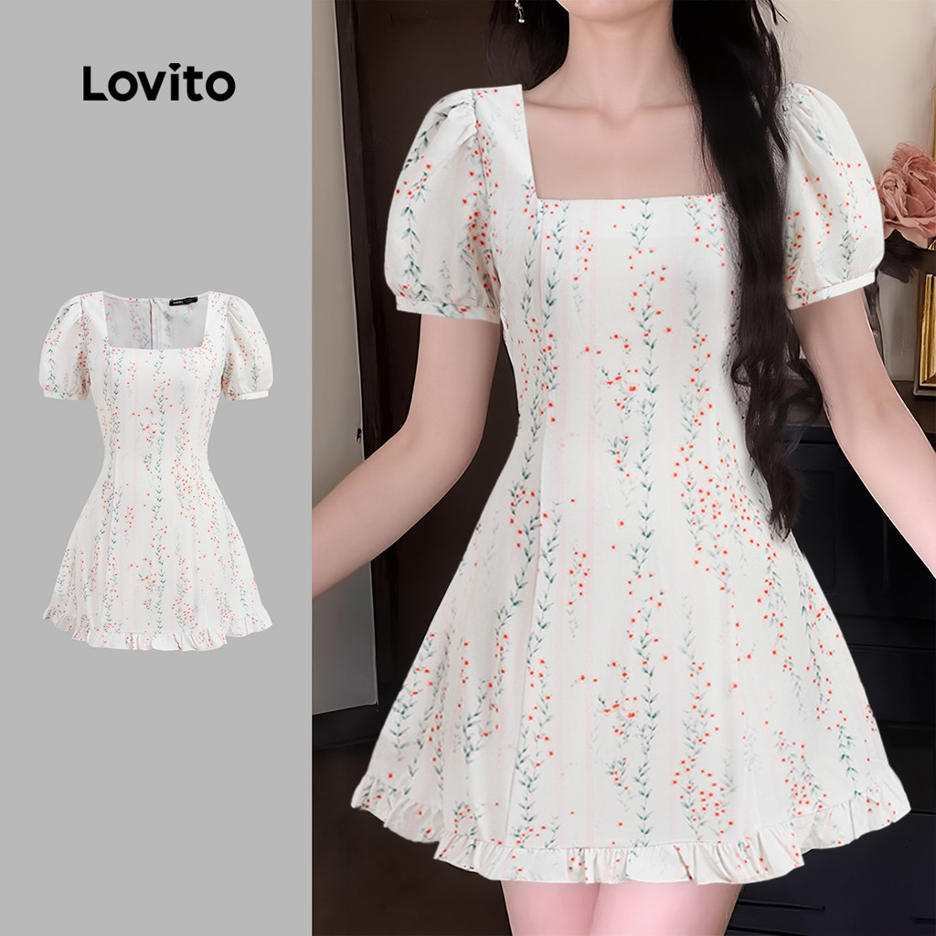 Lovito เดรสลําลองผู้หญิงลายจับจีบ สําหรับฤดูใบไม้ผลิและฤดูร้อน L183ED133