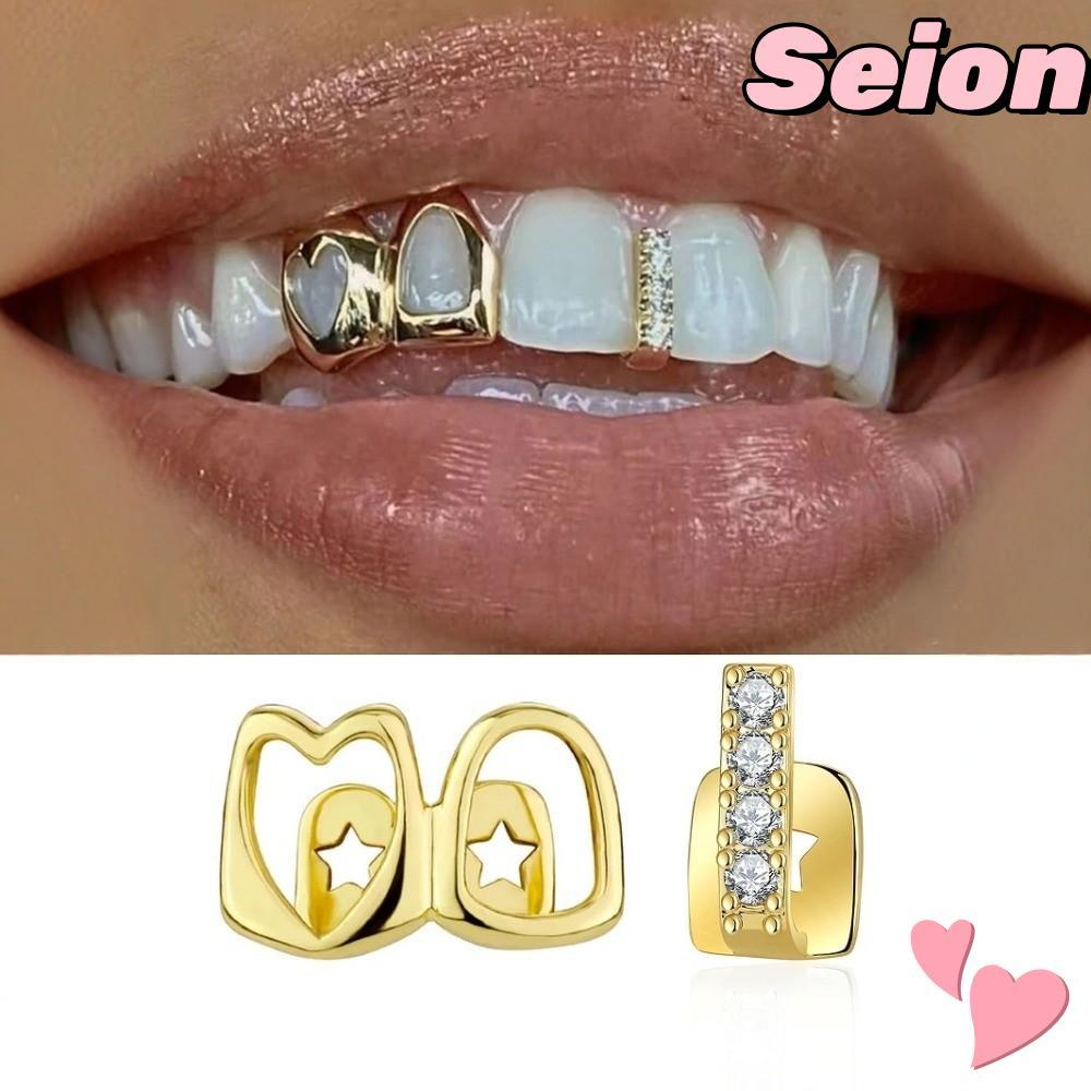 SEION Grillz, Shiny Gold สี Hip Hop ฟัน Grillz, ทองแดง Hollow Heart Double Heart ฟันหมวกฟันเครื่องปร