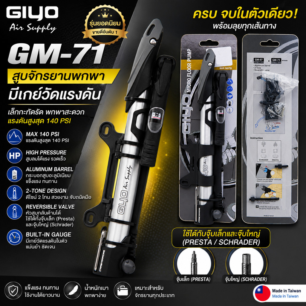 สูบจักรยานพกพา GIYO gm71 มี เกย์วัด รุ่นยอดนิยม ผลิตไต้หวัน