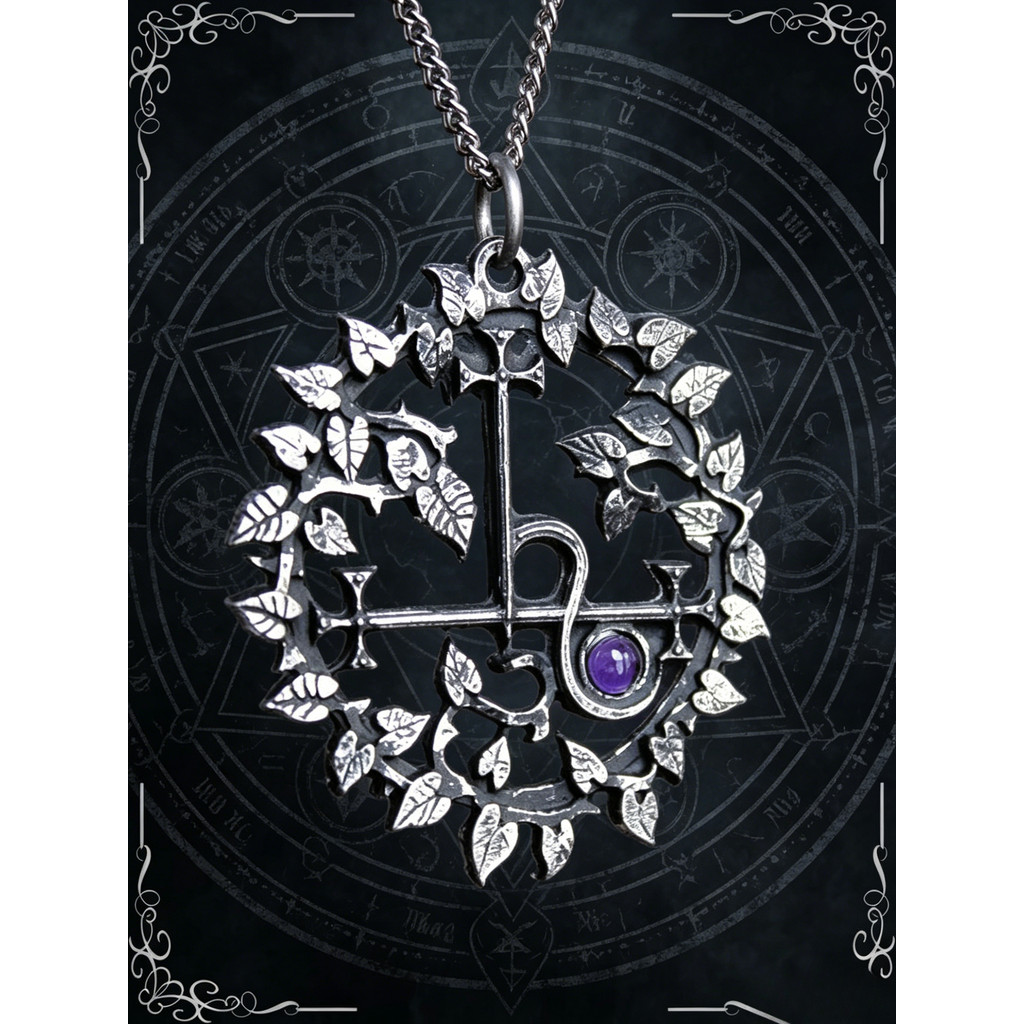 แหวนใบเถา สร้อยคอ Leviathan Cross Amethyst สไตล์แม่มด Retro Distressed Niche Clavicle Chain