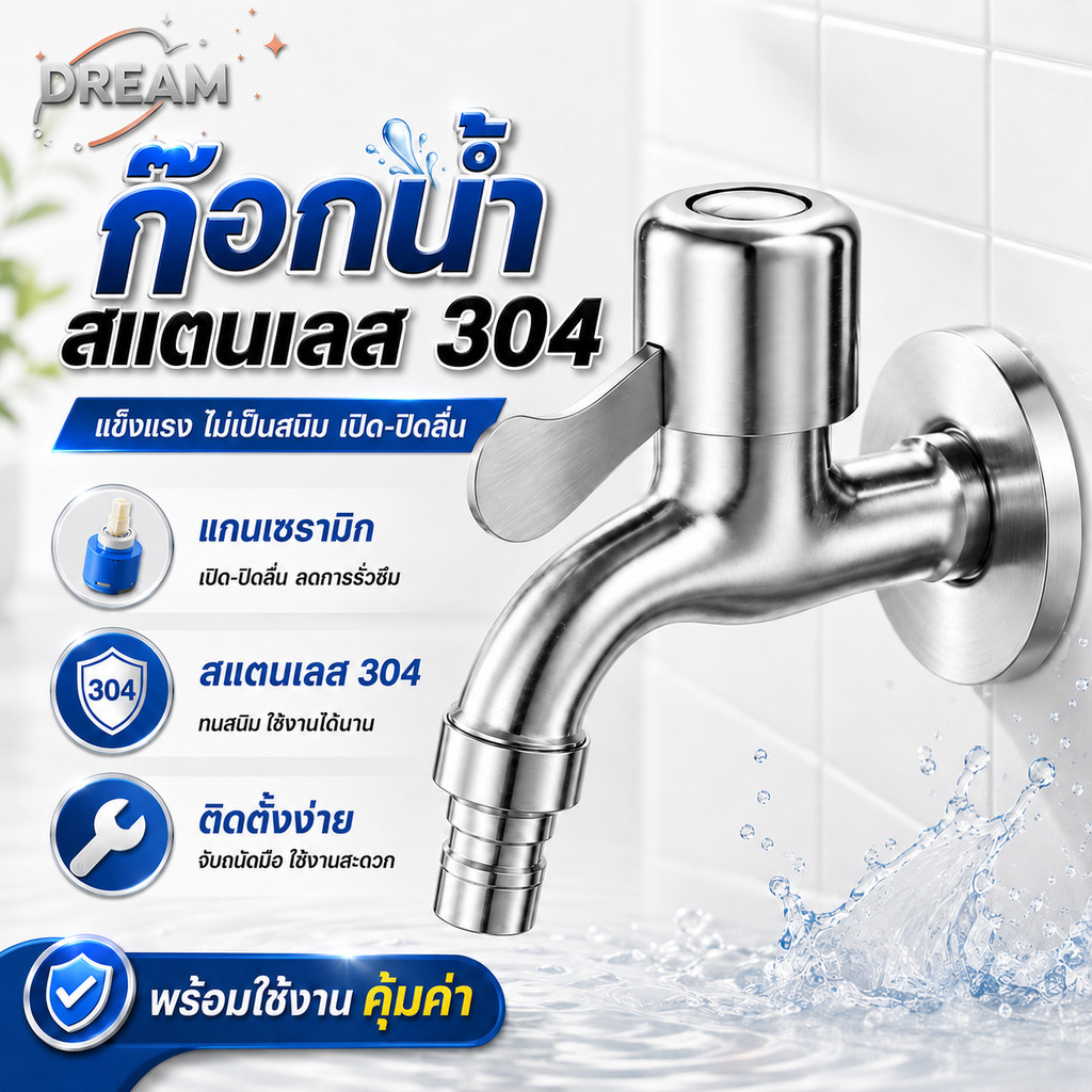 พร้อมส่ง ก๊อกต่อเครื่องซักผ้า / ก๊อกล้างพื้น สแตนเลส304 ไม่ขึ้นสนิม ต่อสายยางได้ ใช้ต่อเป็นก๊อก