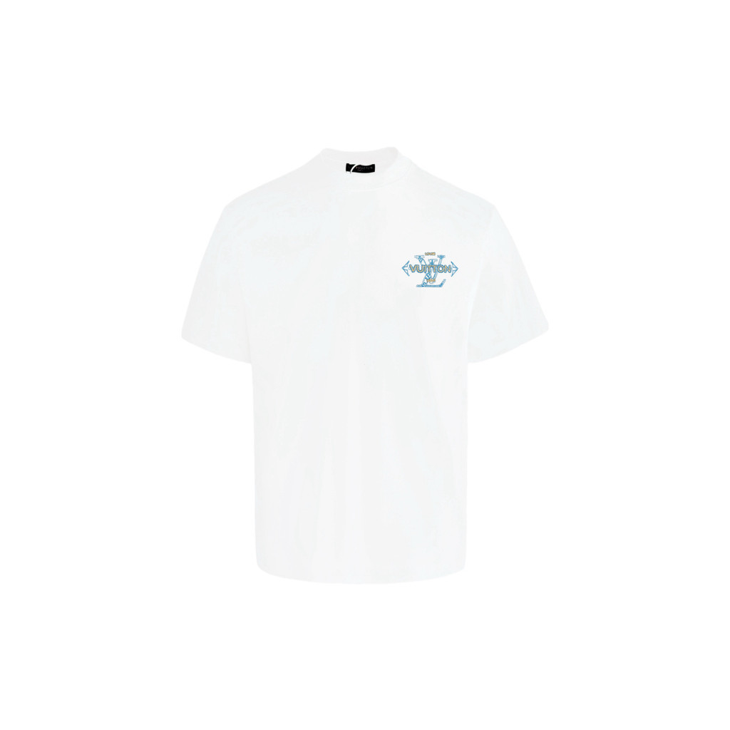 LOUIS VUITTON ฤดูร้อนสไตล์ใหม่แขนสั้นเสื้อยืดผู้ชายผู้หญิงคู่กลางแจ้งรอบคอโลโก้การพิมพ์ Heavy Commut