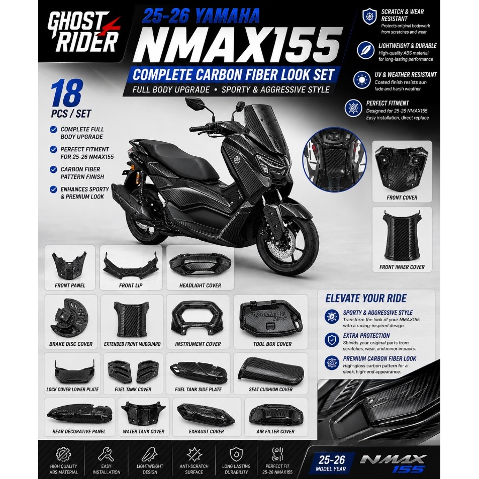 สําหรับ YAMAHA NMAX155 2025-2026 รถจักรยานยนต์คาร์บอนไฟเบอร์สไตล์ Full Body Trim ฝาครอบ Fairing ชุดตกแต่งอุปกรณ์เสริม